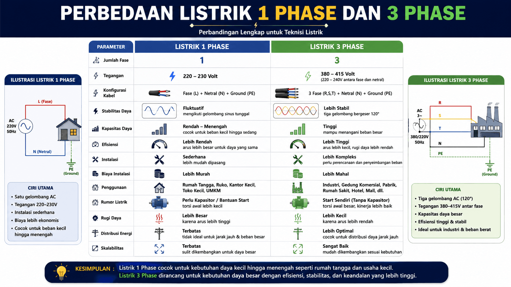 Tabel Perbedaan Listrik 3 Phase dan Listrik 1 Phase