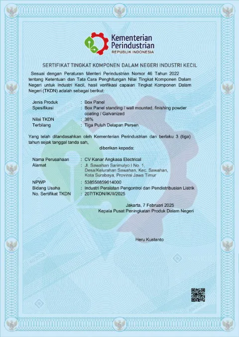 Sertifikat TKDN (Tingkat Komposisi Dalam Negeri) 38%